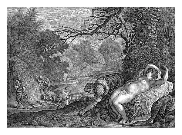 ケファルスとプロクリス マグダレナ ファン パスアダム エルシマーの後 元和7年 1617年 寛永11年 1634年 狩猟中に妻プロクリスを誤って撃ったセファルスとの森林景観 — ストック写真