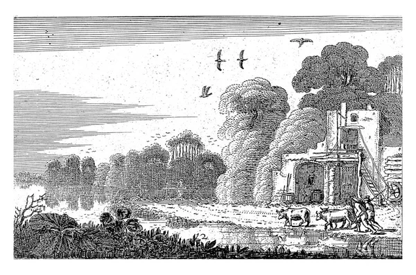1616年ヤン ファン ベルデ Jan Van Velde 廃墟の近くの川沿いの田舎道に牛を連れた人物です 一連の20から12枚目の写真 — ストック写真