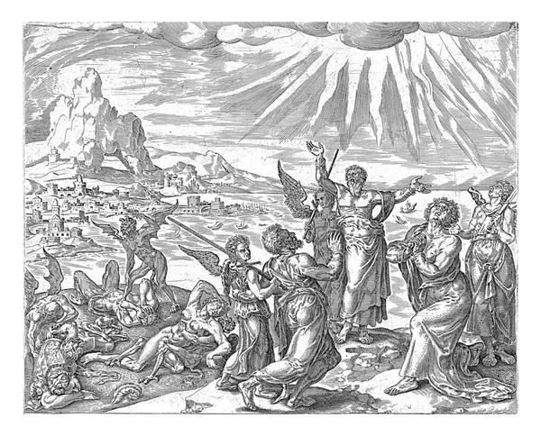 在1569 1573年的Maarten Van Heemskerck之后 拯救我们脱离邪恶的魔掌 Johannes Wierix 人们向天堂祈祷 天使拯救他们脱离邪恶 — 图库照片