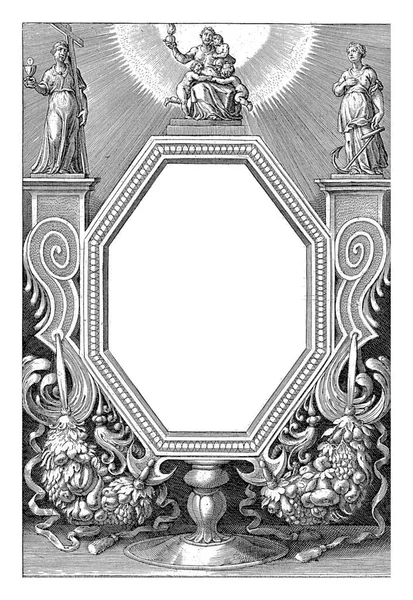 タイトルプリントFor Speculum Illustralogy Virginum Theoodoor Galle 1581 1633底にガーランドのある鏡とその装身具信仰と希望と慈善 — ストック写真