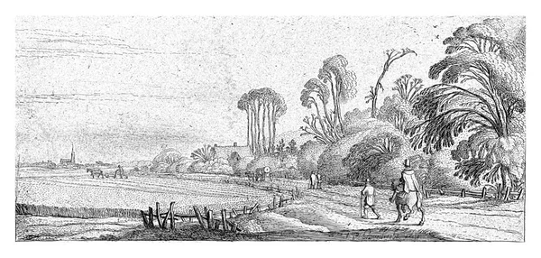 エサイアス ファン ベルデ 1645年 ヴィンテージが刻まれたヒルゴムの近くの道路上のホルセマンとハイカーと風景 — ストック写真