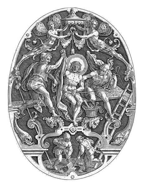 キリストはカルバリーの兵士達に服を奪われました 飾り付きの楕円形の立っている 前景には 十字架が立つ穴がある — ストック写真