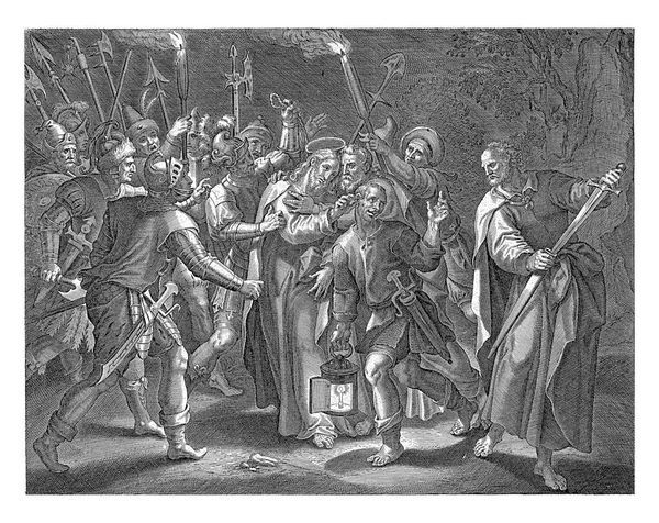Judas Kisses Christ Cheek Soldiers Surround Arrest Him Peter Has — Stock Photo, Image