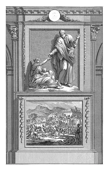 ゲレの後の1698年 ルイケンのH ステファヌスは子供を持つ物乞いの女性に硬貨を渡した スティーブンは彼の石が前部で描写される台座の上に立つ — ストック写真