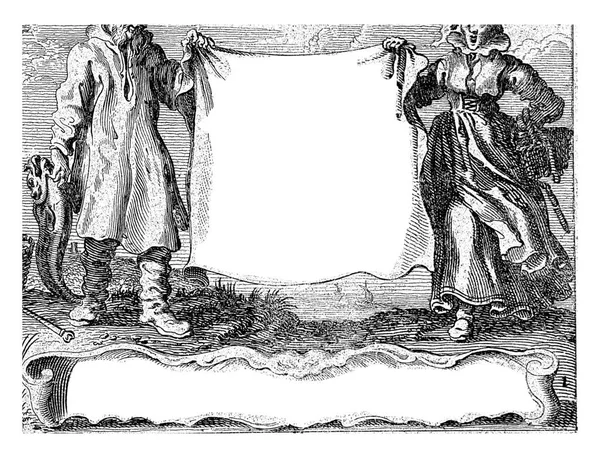 两名渔民拿着一幅荷兰的画布 画上有该系列的名称 大篷车底部的印迹 — 图库照片