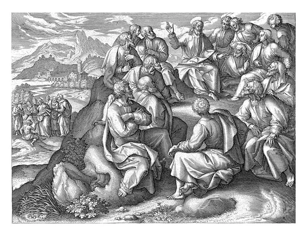 Cristo Siede Sulla Cima Monte Suoi Discepoli Ascoltano Gli Insegnamenti — Foto Stock