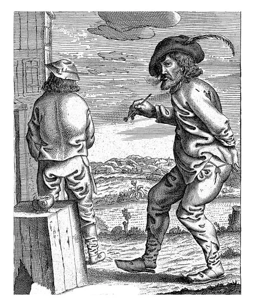 在一片多山的风景中 两个农民站在一座建筑物和一条木制长椅旁边 左边的农民从后面被看见 右边的农民在抽烟斗 — 图库照片