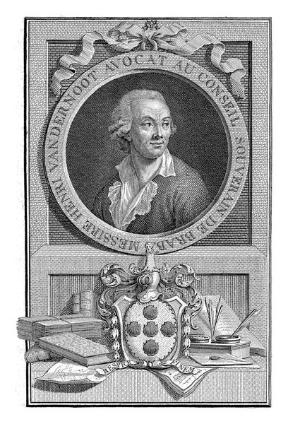 在布拉班特革命中扮演重要角色的勇敢政治家亨利 范德诺的肖像 肖像画下面是家族纹章 书籍和著作 — 图库照片