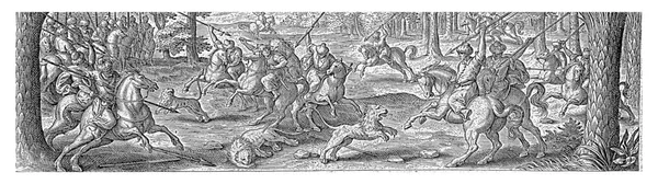 騎兵は槍でライオンの群れを狩る 印刷にはラテン語のキャプションが付いており 54枚の印刷の一部です — ストック写真