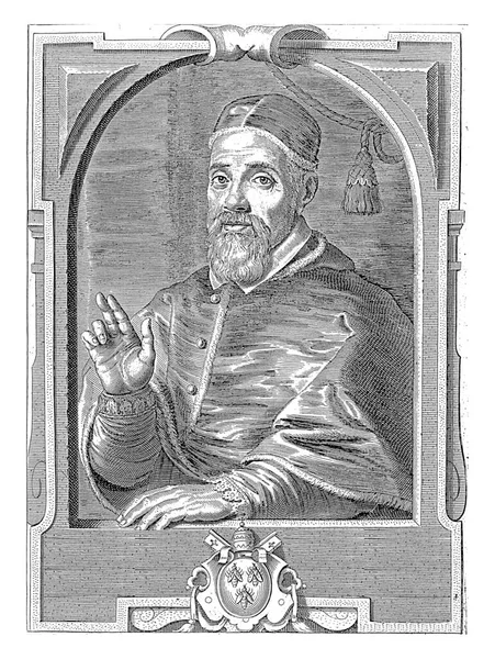 教皇乌尔班八世71岁时与Camauro合影 他用右手做了一个祝福的手势 左手放在镜框上 — 图库照片