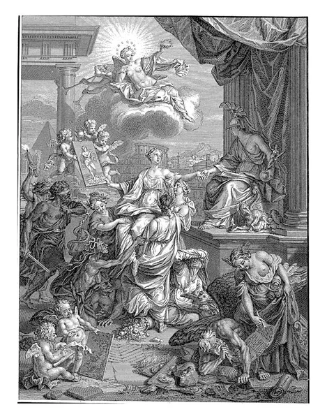Allegorical title page with Peace (Pax), Abundance (Abundantia) and Urbanity that carry the Painting to the personification of Rome.