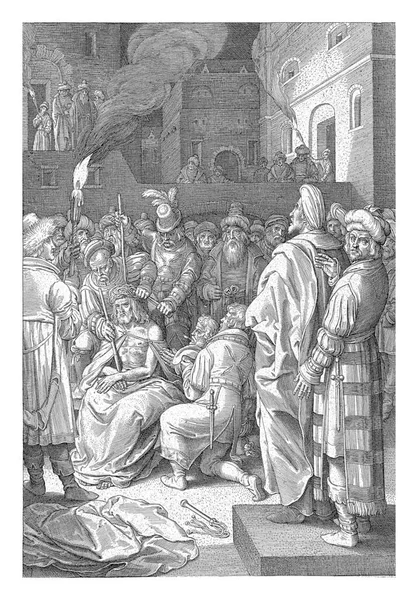 基督加冕仪式 尼古拉斯 布鲁恩 1618年基督坐在彼拉多法院广场的士兵中间 他穿着斗篷 手里拿着假的权杖 — 图库照片
