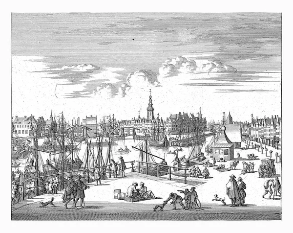 米德尔堡港口和城市视图 Jan Luyken 1696年从蓬角城看到的米德尔堡港口和城市视图 最高中锋的头衔 右上方编号 422 — 图库照片