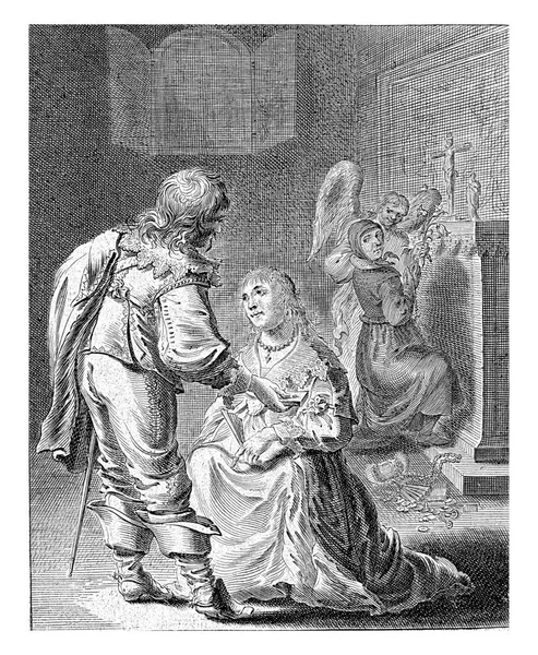 Young Woman Kneels Richly Dressed Man Both Symbols Vanity Them — Stock Photo, Image