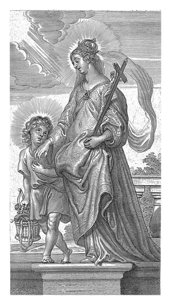 瓦卢瓦的圣女贞德 戴着王冠 手里拿着十字架 收到了一个来自基督儿童的戒指 基督儿童拿着一个装有激情工具的篮子 — 图库照片