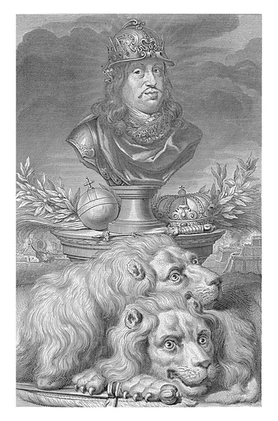 台座の上に彫刻された胸像としてのスウェーデン王チャールズ11世の肖像 彼は豪華な装飾されたヘルメットを身に着けています 台座の上に彼の杖を横に 王冠とオーブといくつかの月桂樹の枝 — ストック写真