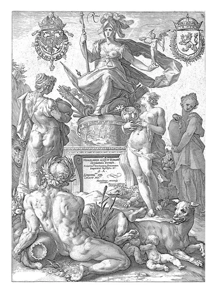 Bogini Rzymu Romowie Siedząca Miejscu Broni Piedestale Lewej Ręce Posąg — Zdjęcie stockowe