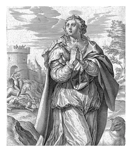 アンティオキアの聖マーガレット ヒエロニムス ウィリックス 1563 前1611アンティオキアの聖マーガレットと風景 彼女の手の中に十字架の兆候 彼女の足の子羊 — ストック写真