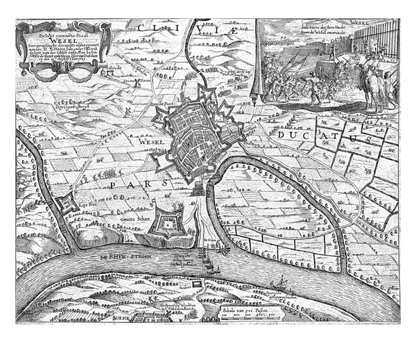 图上显示了1629年8月19日晚奥托 范根特上校领导的国家军队在莱茵河上突然袭击Wesel的情况 — 图库照片