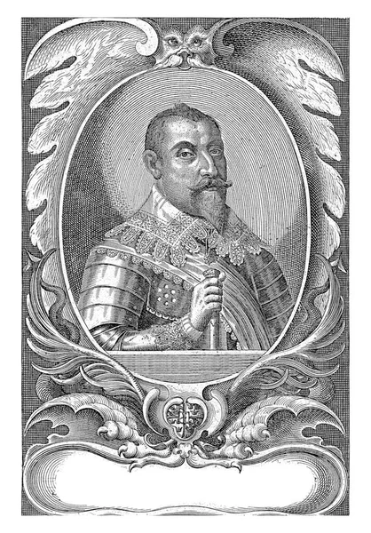 スウェーデン王グスタフ2世アドルフの肖像で 杖を持っていた 楕円形の肖像画は装飾枠に額装されており 下部にはフランス語で3行の文字が刻まれている — ストック写真