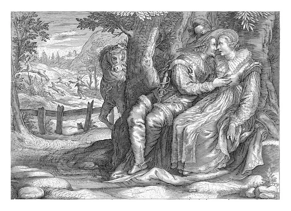 一位绅士和一位女士坐在树下 彼此相邻 那人的马站在树旁边 背景是一个狩猎场景 一个男人和狗在猎鹿 — 图库照片