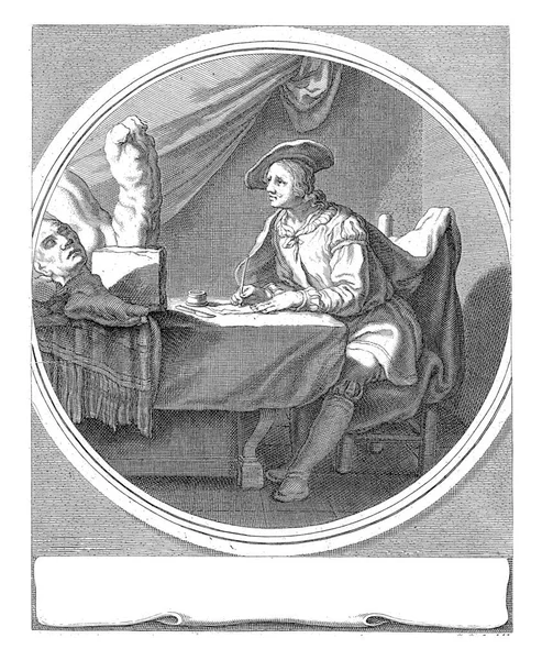 在一个椭圆形的房间里 一个男人坐在桌子旁边 画着一个经典的躯干 由Nicolaas Visscher编辑的Abraham Bloemaert的绘图书第八部分的标题印刷 — 图库照片