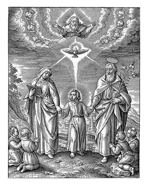stock image Landscape with the Christ Child, in the midst of Mary and Joseph. Above the Child, the Holy Spirit in the form of a dove and God the Father, surrounded by cherubim.