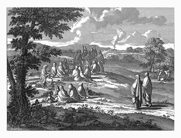 Kvinnor Ramla Gråter Vid Grav Jan Luyken 1698 Skriv Numrerade — Stockfoto
