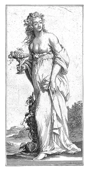 友情の人格としての女性の図は 彼女の手にブドウのボウルを保持します 彼女の足の床にカボチャ 41個の記号から印刷 — ストック写真