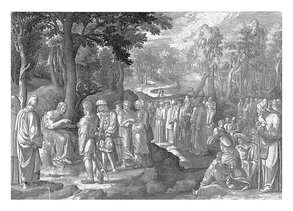 洗礼者ヨハネ群衆に説教 ニコラス ブライン ルーカス ファン レイデン後 1581 1656洗礼者ヨハネは群衆の前に岩の上に座っています — ストック写真