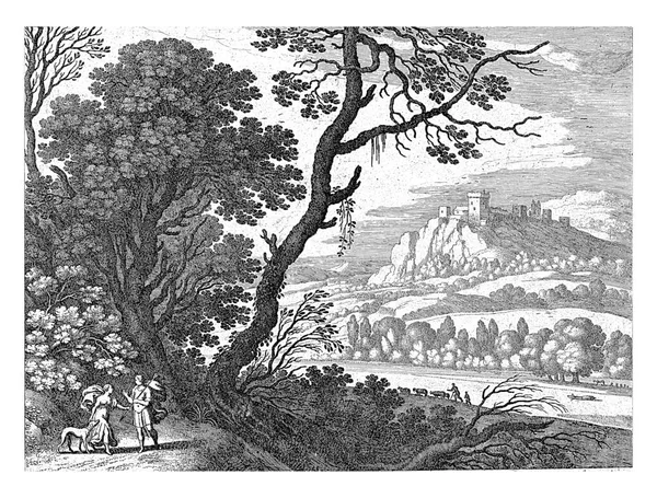 ヴィーナスはアドニスを狩りから止めようとする アドニスは槍を手に持っている ヴィーナスの隣は狩猟犬です 右側には川と城のある山の風景が広がっています — ストック写真