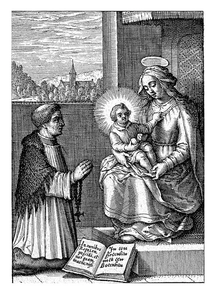 圣母玛利亚与基督的孩子坐在她的膝盖下 天篷下挂着窗帘 基督的孩子手里拿着一个苹果 — 图库照片