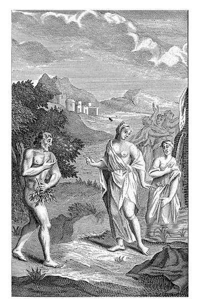 与密涅瓦的风景谁出现在Nausicaa 并指示她与她的女仆在河里洗衣服 — 图库照片