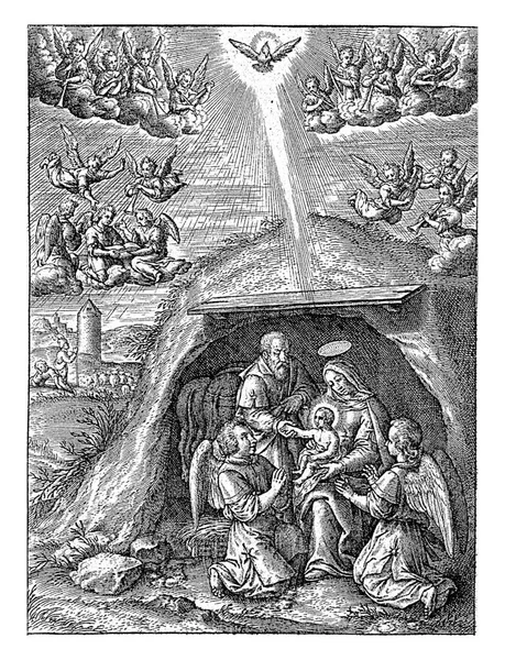 基督诞生 Hieronymus Wierix 1563 1619玛丽和基督的孩子坐在伯利恒的马厩里 两个天使向那牵着约瑟手的基督孩子下拜 — 图库照片