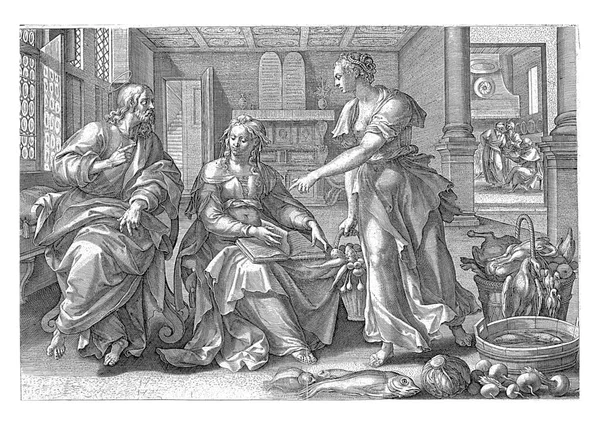 耶稣与玛莎和玛丽 玛丽亚坐在他旁边 腿上抱着一本厚厚的书 玛莎站在玛丽旁边 手里拿着一个菜篮 她指着玛丽 — 图库照片