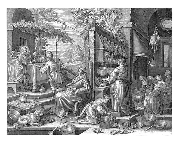 耶稣和两个门徒坐在一张桌子旁 他因祝福面包而被认出来 在正确的前景 有一个厨房准备食物 在左边的后面 两个使徒和基督 — 图库照片