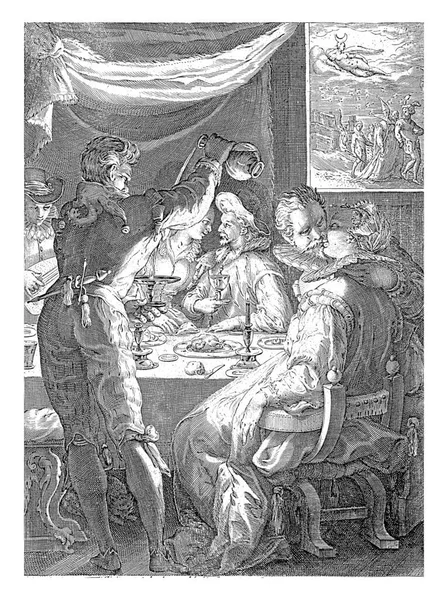 Elegant company at a richly filled table. A servant, seen from the back, pours wine. Through a window, the goddess Diana can be seen on a cloud above a party party in the street.
