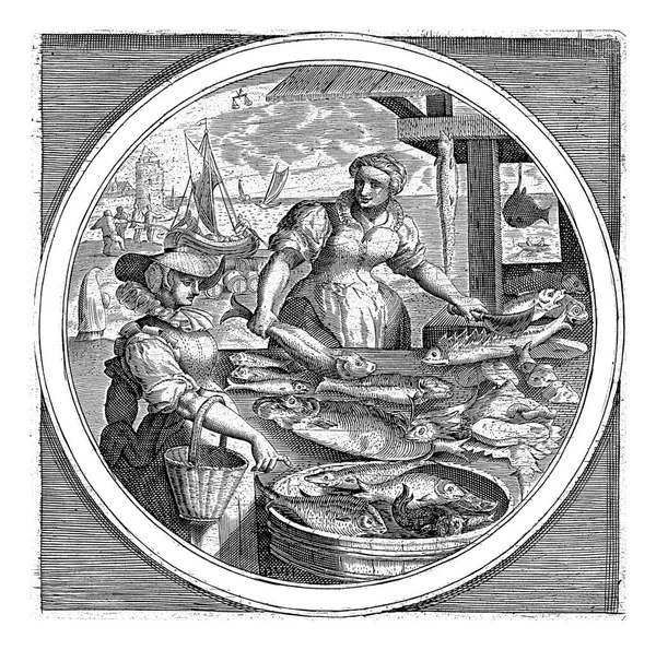 魚屋が市内の女性に魚を売っている 9月の星座の左上 天秤座 — ストック写真