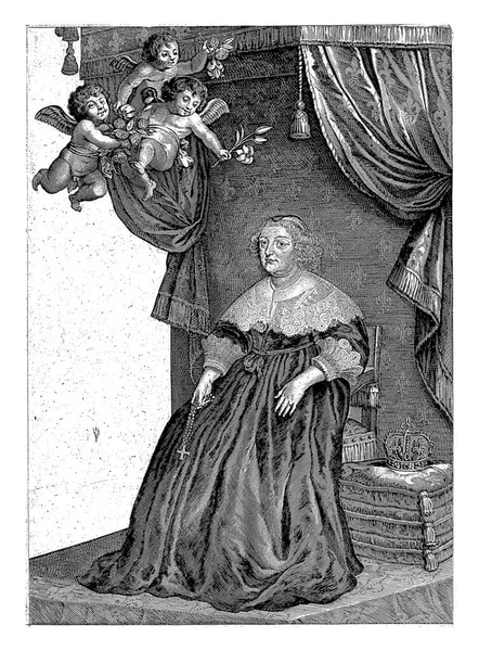 マリア メディチの肖像画が王座に座り バラとユリが彼女の上に浮かんでいる3つのパテ この描写はまだ終わっておらず アムステルダムの眺めは後の状態で追加されました — ストック写真