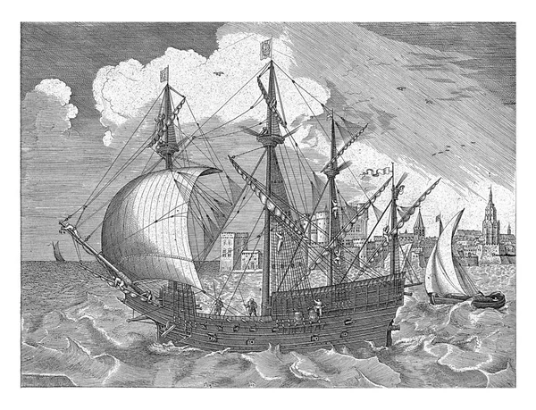 Přístavu Vyplouvá Širé Moře Čtyřstěžňová Loď Menší Plavidlo Napravo Pozadí — Stock fotografie