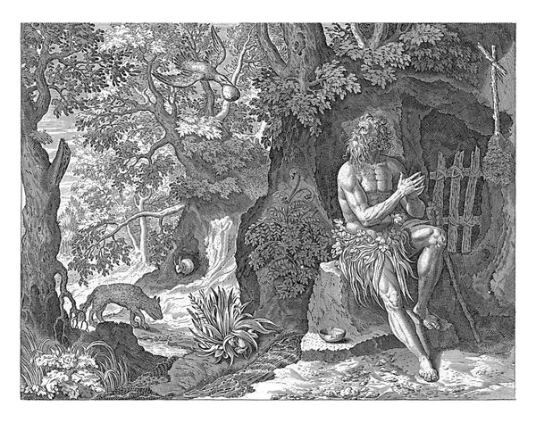 底比斯的圣保罗 第一位隐士 在底比斯旷野的洞穴里 他向十字架祈祷 乌鸦给他带来面包 — 图库照片