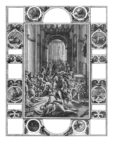 教会内の意見の相違 ヘンドリック ゴルツィウス 1578年教会内部の中央に配置されたアレゴリーでは 様々な聖書の人物がフレームに囲まれて互いに攻撃しています — ストック写真