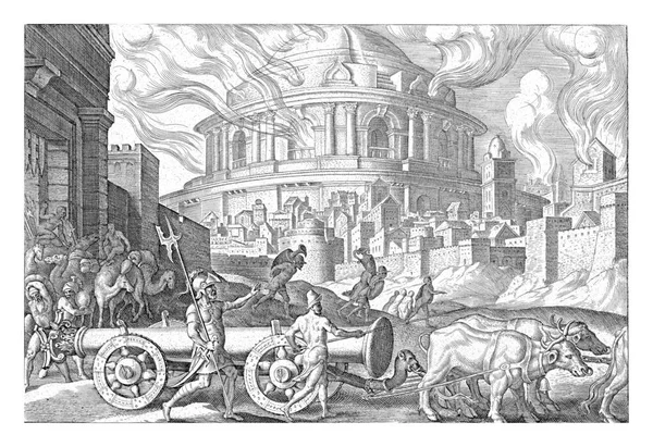 Achtergrond Een Brandende Tempel Voorgrond Mannen Met Vazen Hun Rug — Stockfoto