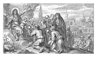 Hoogstraten ve Minderhout sakinleri İsa 'ya tapıyor Çocuk Adriaen Lommelin, 1630 - 1677 Mary kucağında İsa çocuğuyla oturuyor, kalbi bir hançerle delinmiş.