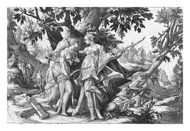 Jüpiter, Diana gibi davranarak Callisto 'yu baştan çıkardı; böylece ona yaklaşabilecekti. Ön planda Diana / Jupiter ve Callisto yan yana..