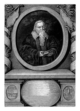 Lüteriyen teolog, yazar ve filozof Jakob Martini elinde bir kitapla. Portre iki trompet ve palmiye yapraklarıyla süslenir..