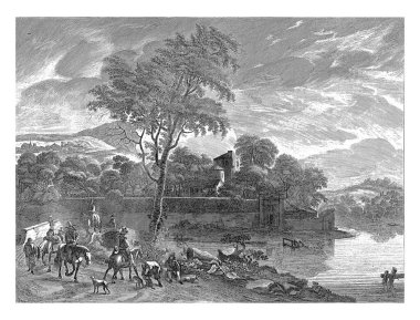 Avcılarla manzara: Dünya elementi Pieter Nolpe, Pieter Symonsz 'dan sonra. Potter, 1669 - 1699 Bir arazide, avcılar at sırtında yolda.