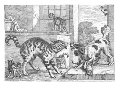 Bir odada, bir kedi ve bir köpek yüz yüze gelirler. Havlayan köpeğin ön pençelerinin altında dört kedi yavrusundan biri var. Bu parmak izi, üzerinde farklı hayvanlar olan on parmak izi serisinin bir parçası..