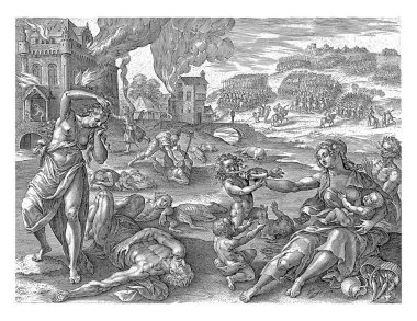 Bir anne bebeğini kollarında tutar, yanındaki küçük çocuğu havuçla besler. Diğer çocuklar aç gözlerle izliyor. Çevrelerinde ölü, güçsüz erkekler ve kadınlar yatıyor..