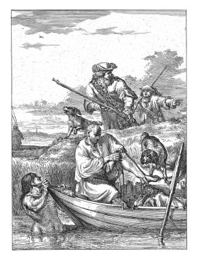 Yıkanan adamlar ve avcılar, Romeyn de Hooghe, 1655 - 1708 Bir adam kayıkta oturur ve soyunur ya da giyinir. Kıyafetleri ve peruğu yanında..